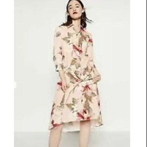 Women's Zara Peach Floral Button Down Midi Belted Tunic Dress M Fit & Flare